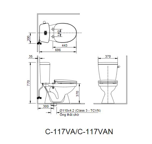 Bản vẽ kỹ thuật bồn cầu 2 khối inax ac 117van