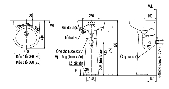 ​Bản vẽ kỹ thuật Chậu rửa Inax treo tường L-282V+L-284VD