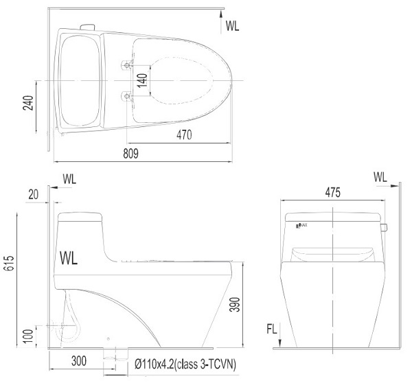 Bản vẽ kỹ thuật bồn cầu 1 khối Inax AC-1135+CW-KA22AVN