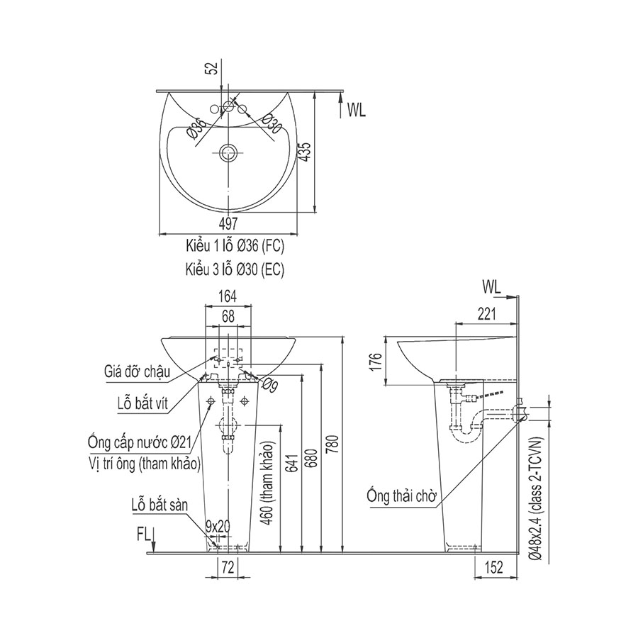 Ban ve ky thuat Chau rua treo tuong Inax L-285V+L-288VD