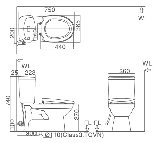 Bản vẽ kỹ thuật bồn cầu 2 khối inax c504vtn